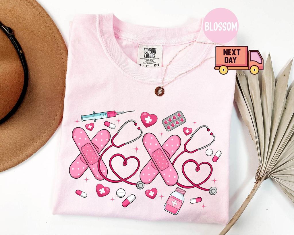 Comfort Colors® Xoxo Coquette Stethoscope T-Shirt, Nurse Valentines Day Shirt, Valentines Day Gifts, Pink Hearts Coquette Bow Nurse Tee