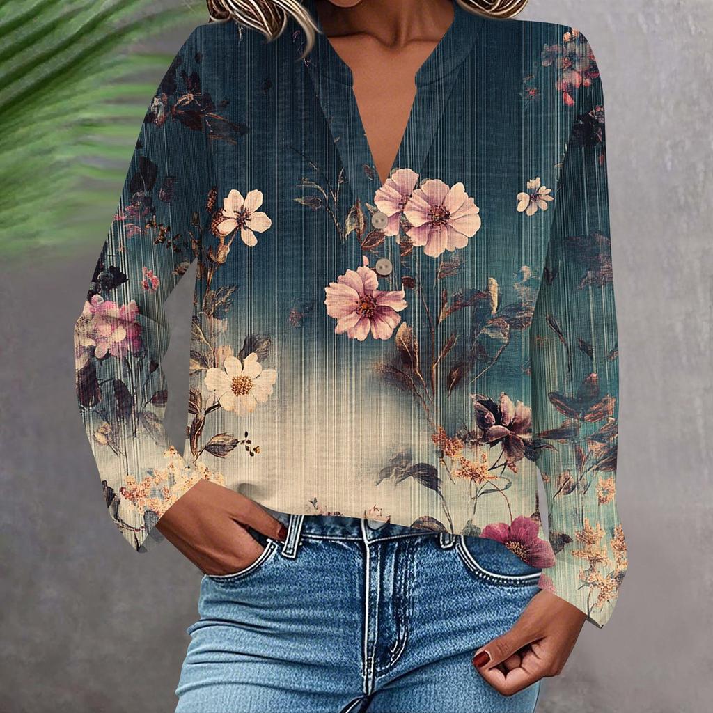 Женская модная и повседневная рубашка с длинным рукавом, V-образным вырезом, на пуговицах, с принтом, блузка, топ