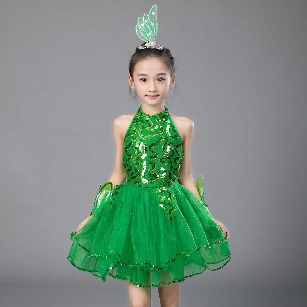 Green Sequin Children Ballet Dance Dress with Headwear Wristband Puffy Dress Kids Girls