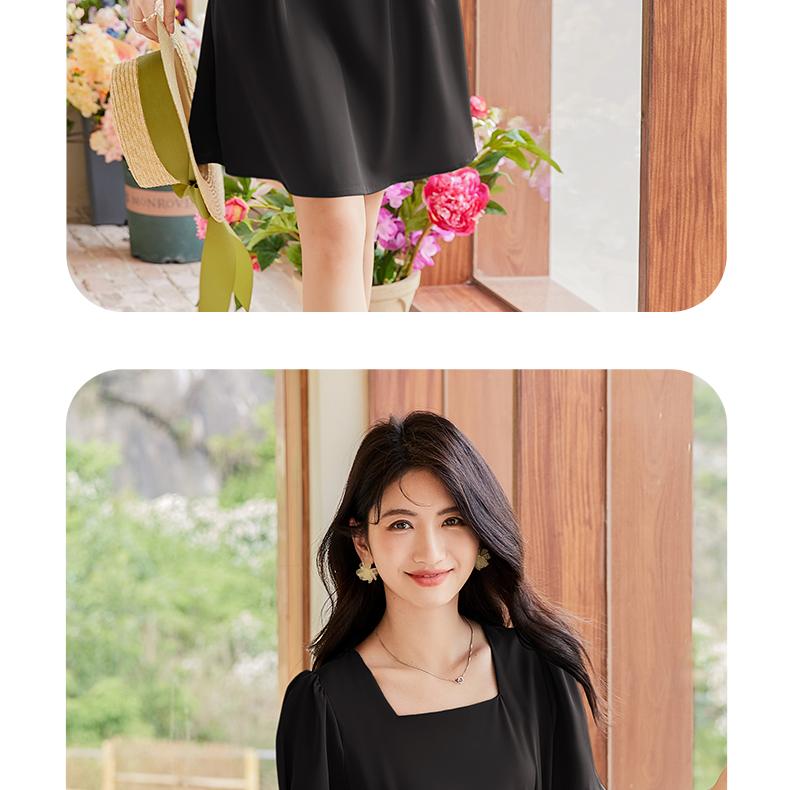 Hepburn style elegant and high-end square neck slimming waist pleated A-line dress