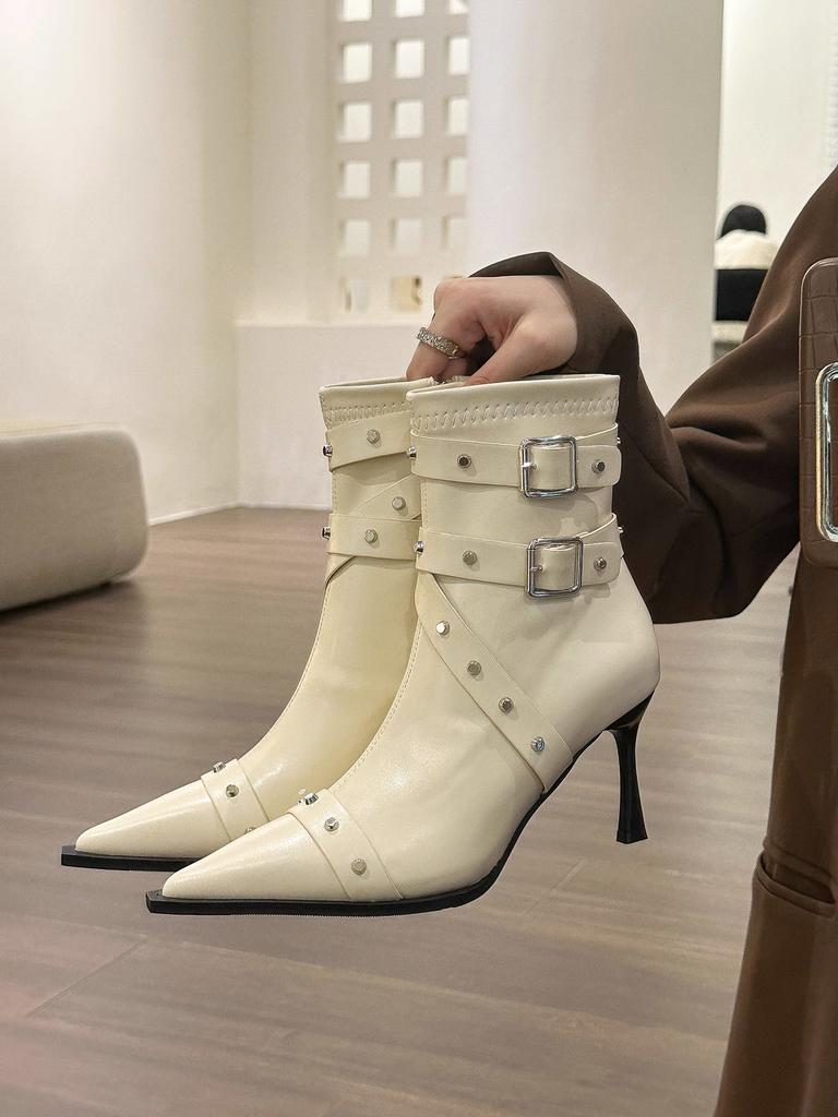 Перчинка! Женские короткие ботильоны на высоком каблуке с черными заклепками, модные и универсальные, из мягкой кожи, весенне-осенние одинарные ботинки 2025 года