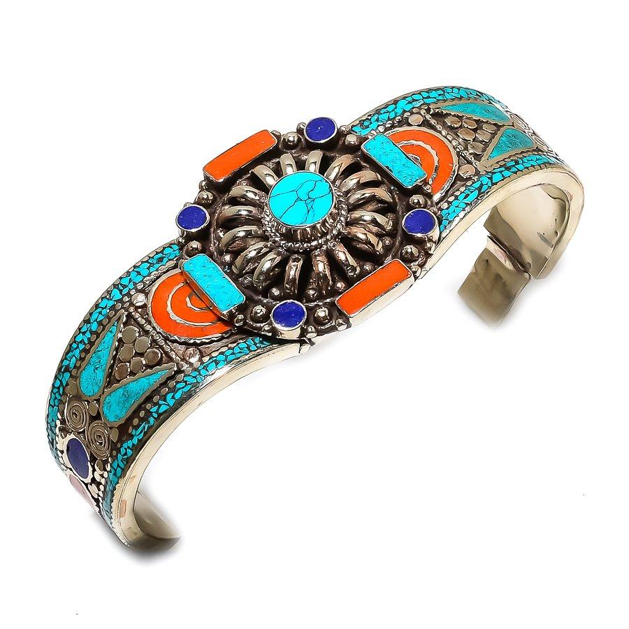 Браслет-манжета из натуральной тибетской бирюзы и коралловых камней, регулируемый, ручной работы c3Q84