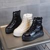 Мода 2025 Новые Осенне-Зимние 9см Коровья Натуральная Кожа Пуховая Ткань Женские Ботильоны до Щиколотки Платформа Танкетка Женские Плюшевые Теплые Туфли Зимние Ботинки