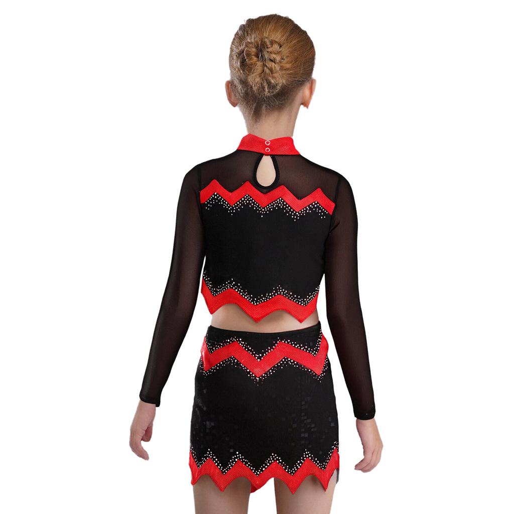 Girls Cheerleader Uniform Long Sleeve Crop Top Hollow Out Design Rhinestone Details Matching Dance Skirt Outfit