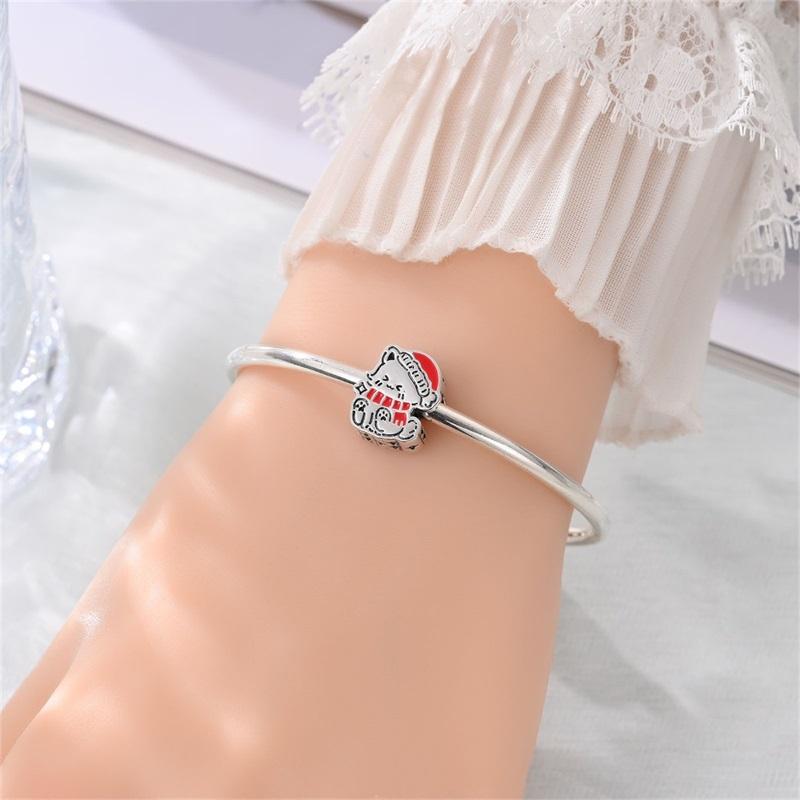 925 Silver Christmas Puppy Cat Charms Sleigh Happy New Year Bead Pendant Fit Original Bracelet Necklace Jewelry Gift