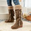 Shoes Female 2025 New Knee-High Women's Boots Warm Modern Boots Women Solid Slip-on Fringe Lace-up Round Toe Wedges Shoes Women