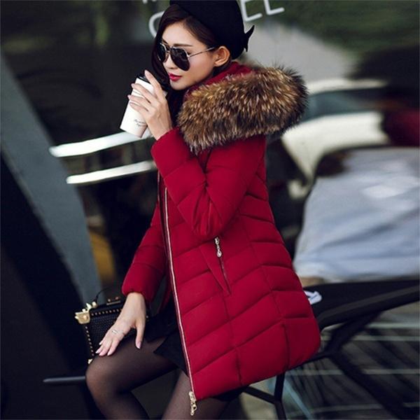 Women's Cotton Coat Long Section Slim Cotton Jacket Large Fur Collar Down Cotton Coat