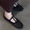 Sheepskin Version~ French Retro Woven Hollow T-shaped Buckle Mary Jane Shoes Femininity Round Head Shallow Mouth Flat-soled Single Shoes
