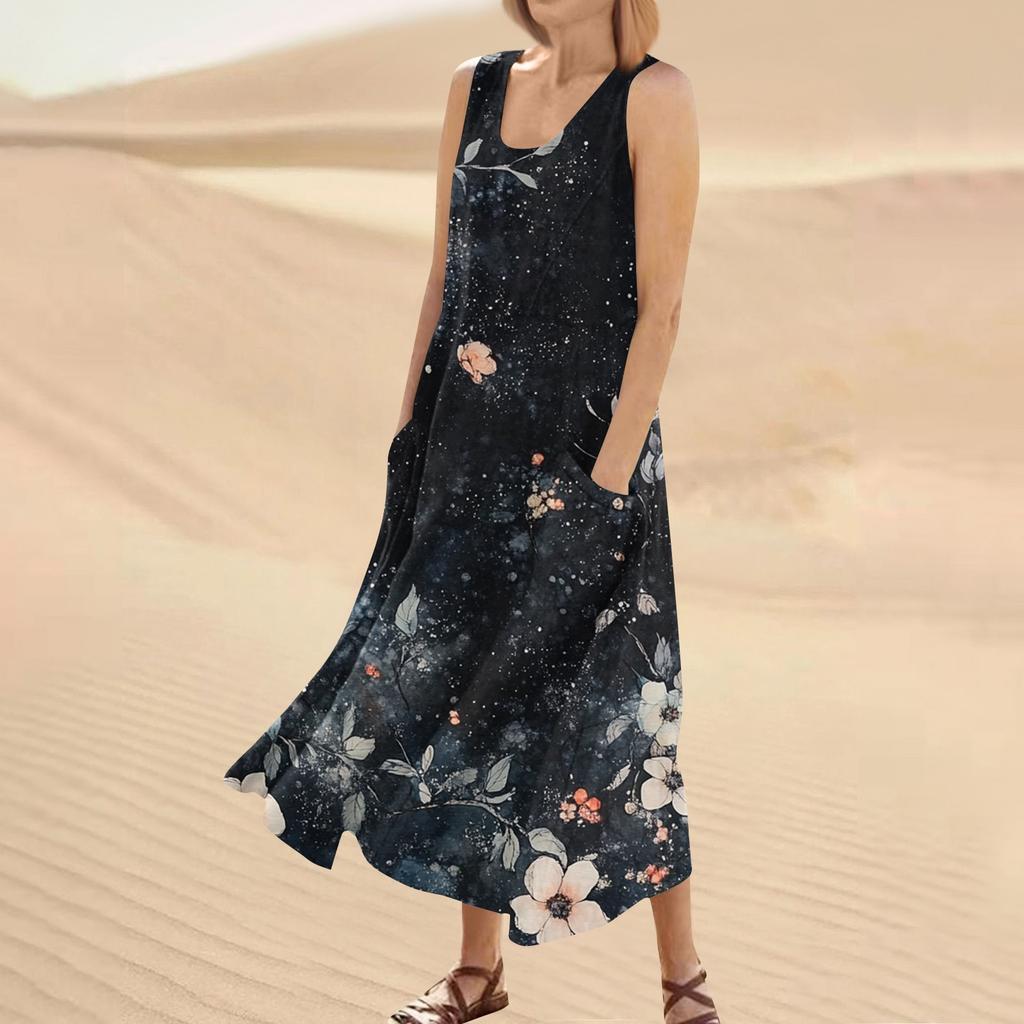 Женское летнее повседневное модное платье без рукавов с круглым вырезом и карманом с цветочным принтом