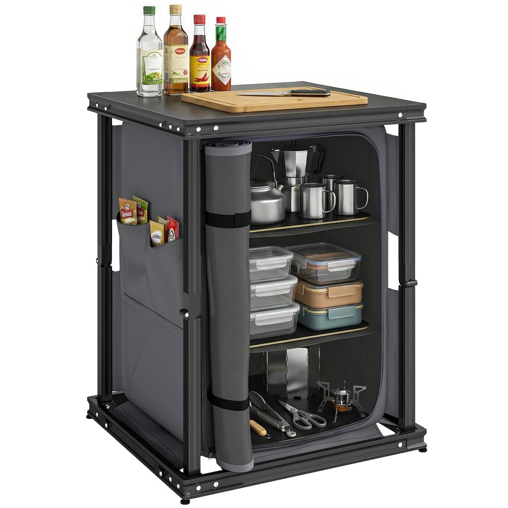 Camping Camping Cupboards, Folding Portable Kitchen Table with 3-Tier Storage, Black