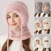 Women Winter Hat with Integrated Scarf Cold-proof Front Cover Thick Knitted Warm Solid Color Full Protection Outdoor Cycling Travel Cold Weather Cap