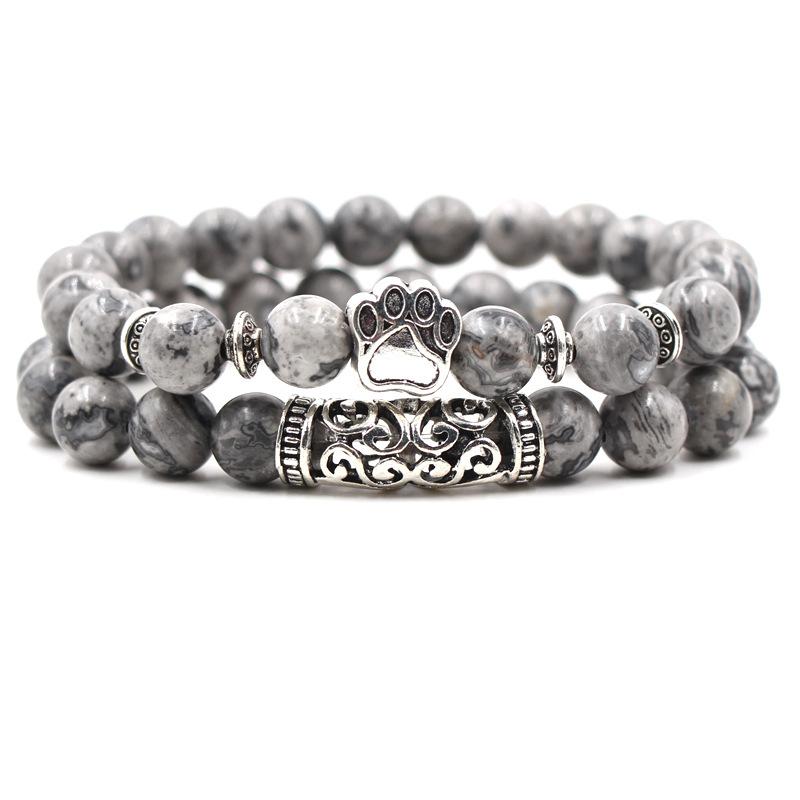Men's Fashion 8mm Natural Agate Stone Bracelet Set With Plated Silver Lion Owl Buddha Head Chain and Bead Jewelry Set