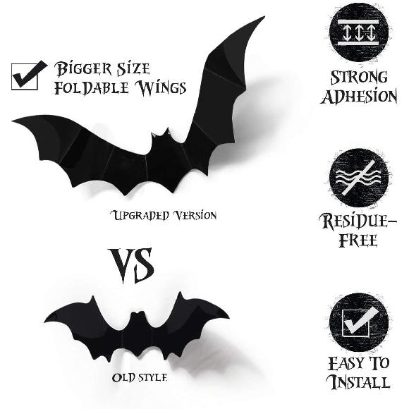 Coogam Halloween 3D Bats Decoration, 60PCS 4 Sizes Realistic PVC Scary Bats Window Decal Wall Stickers for DIY Home Bathroom Indoor Hallowmas