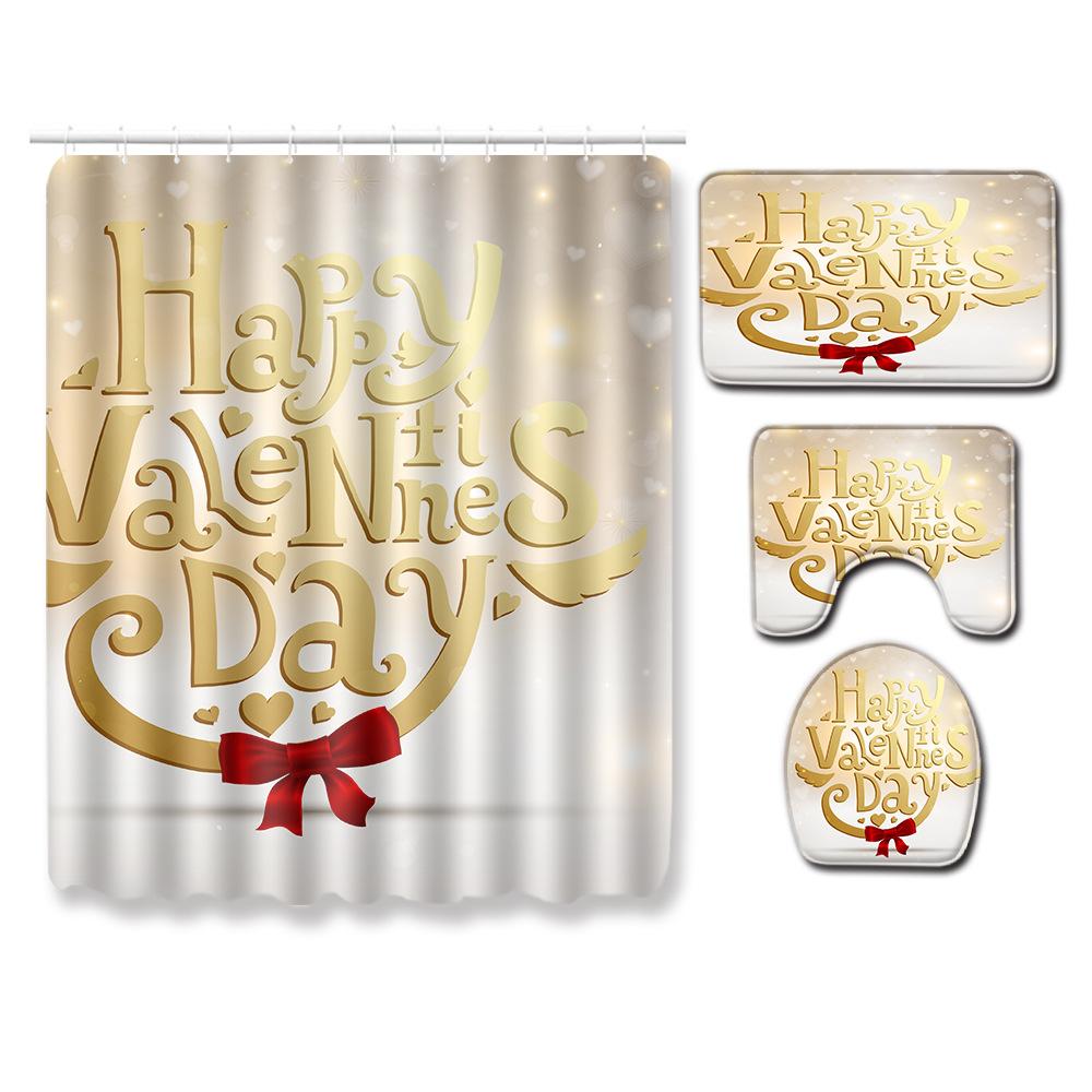 Valentine'S Day Toilet Shower Curtain Four-Piece Printed Floor Mat Set Bathroom Floor Mat Bedroom Absorbent Door Mat Carpet