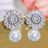 CMM Beautiful CZ Zirconia Snow Flower Drop Elegant Bridal Pearl Dangle Earrings for Women Wedding Party Wear