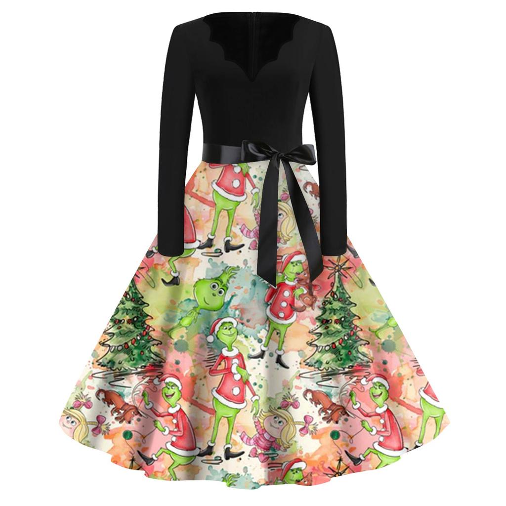 Women's Fashion V-neck Casual Slim-fit Christmas Print Long-sleeved Dress