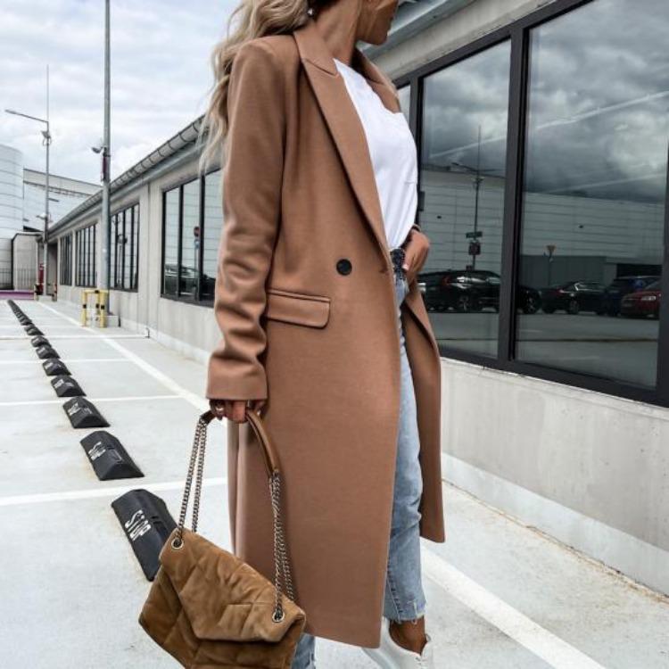 Elegant Long Blazer Suit for Women Office Winter Overcoat Button Placket Long Sleeve All Match Collar