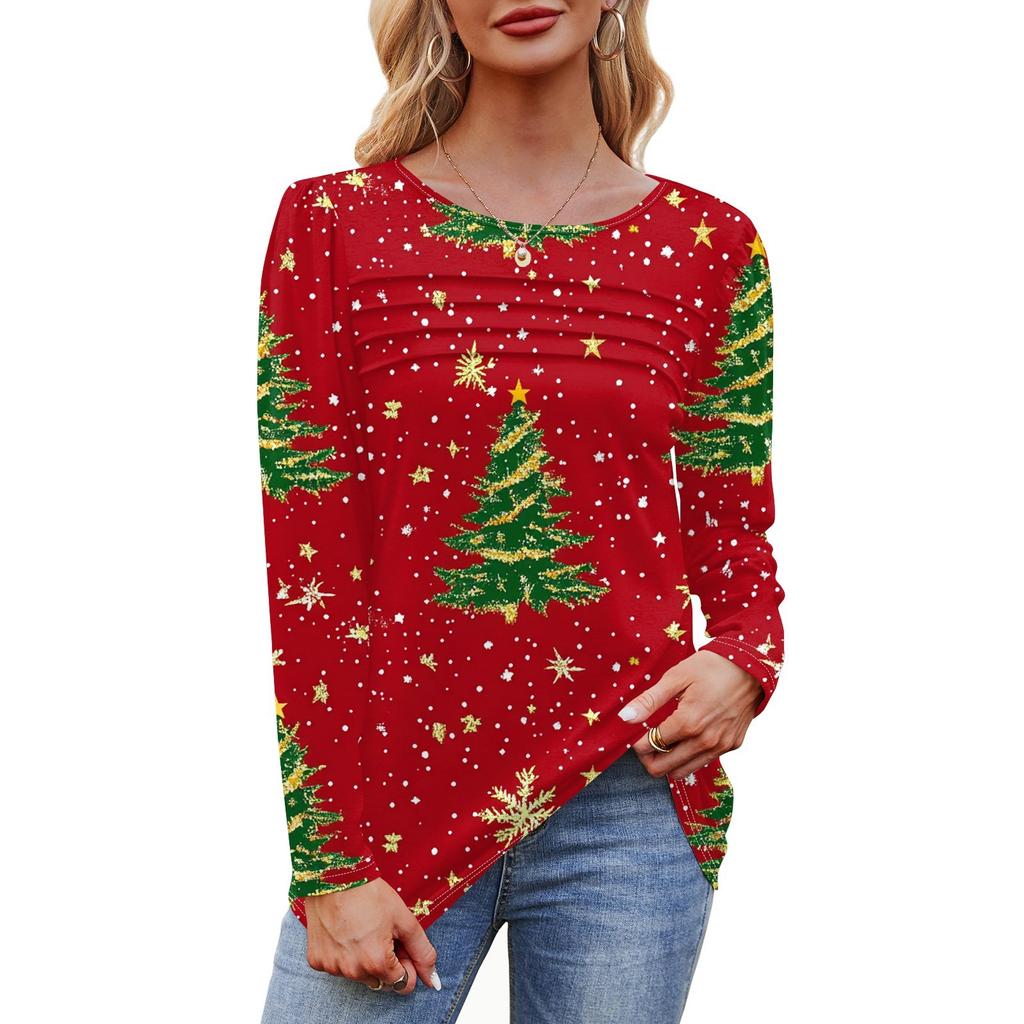 Женская футболка с круглым вырезом и длинными рукавами с принтом рождественской елки и снежинки
