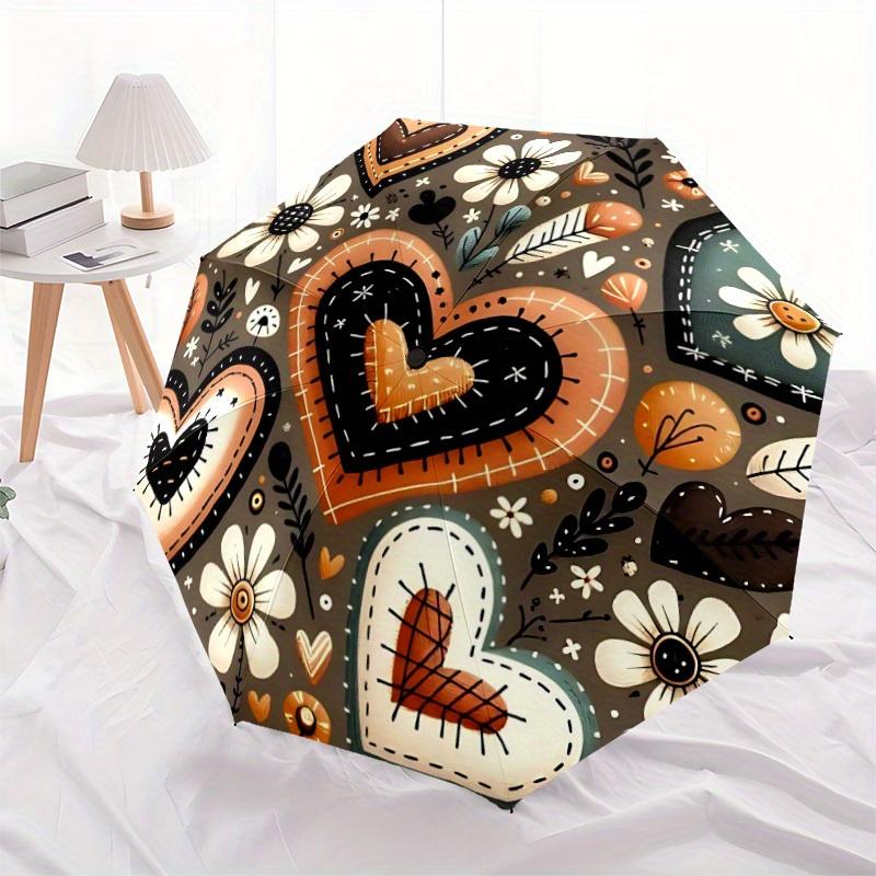 1pc "Hearts Flowers" Automatic Open/close Folding Compact Umbrella, 8-Rib Sturdy Canopy, Lightweight Portable, Everyday Use, Gift, 123