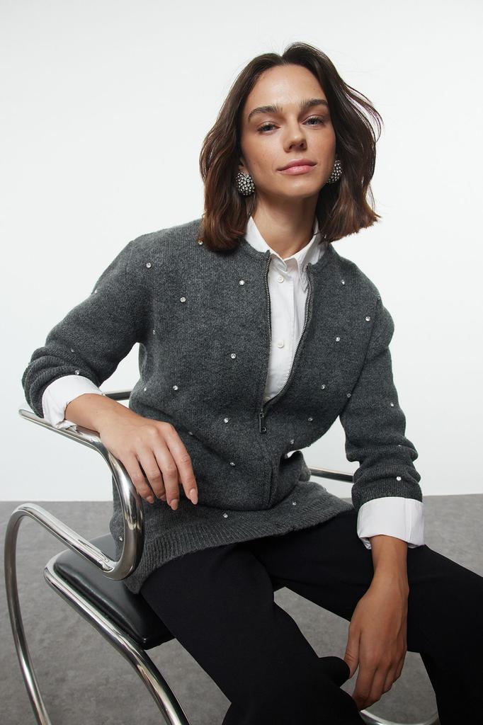 Женский модный стильный кардиган в хиджабе, серый трикотажный кардиган на молнии с деталью из камня