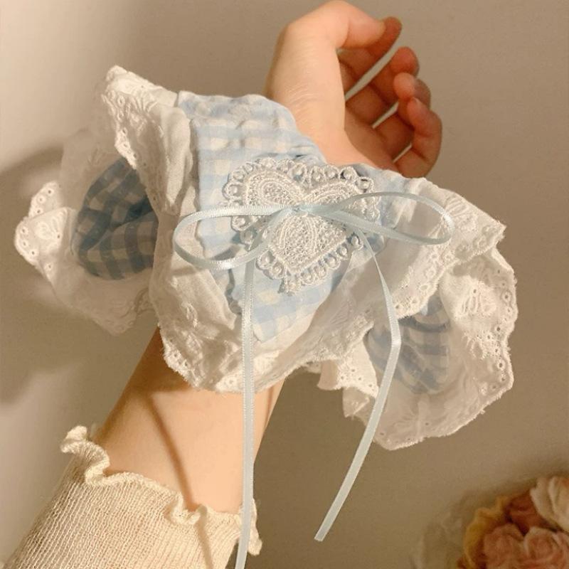 Blue Checkered Pattern, Bow Tie, Lace Handkerchief, Headband, Female, Korean Style, Oversized Headband, Hair Accessory