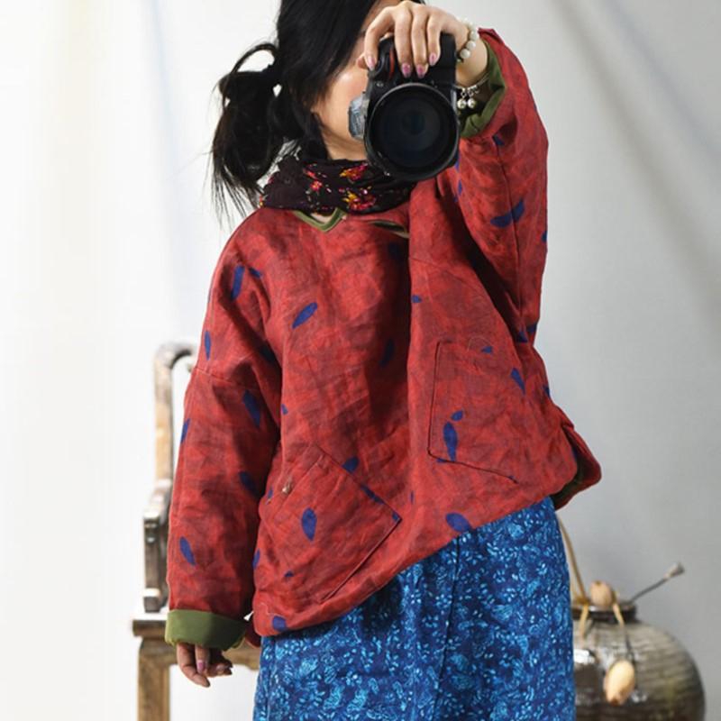 Johnature Women Chinese Style Linen Winter Parkas Print Floral O-Neck Long Sleeve Coats Vintage Warm Women Parkas