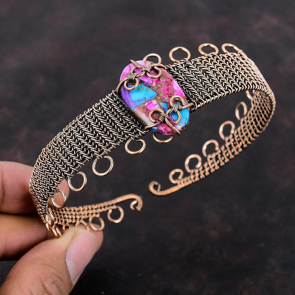 Kingman Розовый Георгин Бирюзовый Браслет Медная Проволока Обернутый Драгоценный Камень Браслет-Манжета Регулируемый Браслет Ручной Работы Медная Проволока Ювелирные Изделия Свадебный Подарок