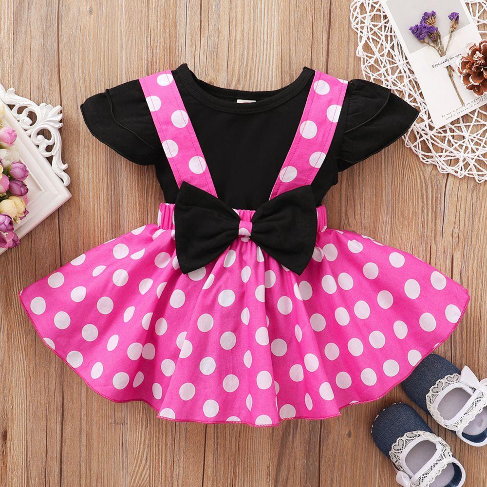 2pcs/set Toddler Girl Dress Set Ruffled Short Sleeve Top+Overalls Dress Solid Blouse+Polka Dot Suspender Dress Children Outfits 1-5Y