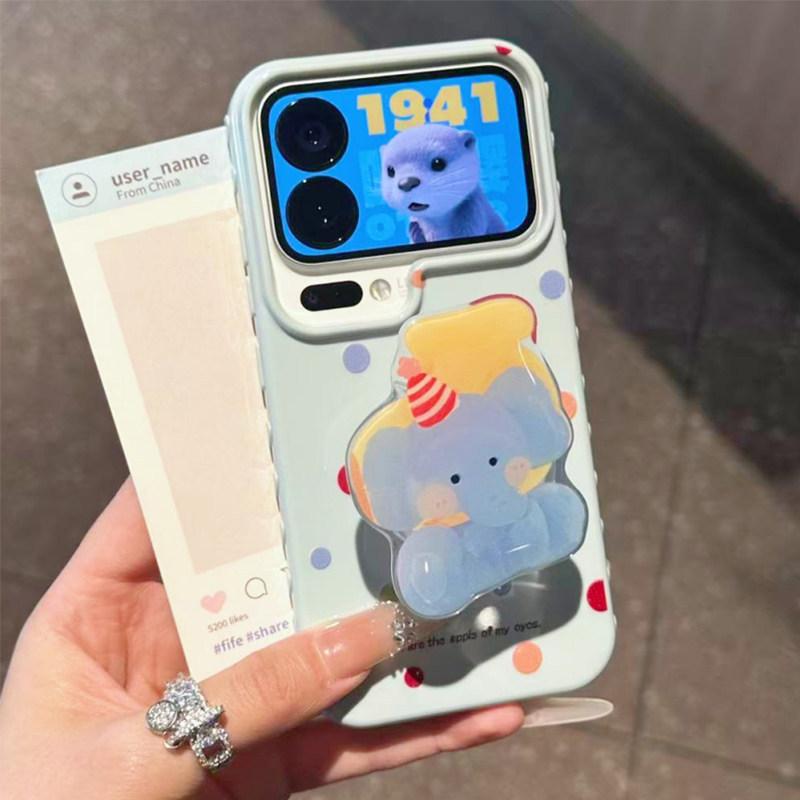 Применимо к новому мультяшному чехлу для мобильного телефона iPhone17ProMax, цветной горошек, держатель в виде слоненка, Apple 16 мягкий чехол 14.