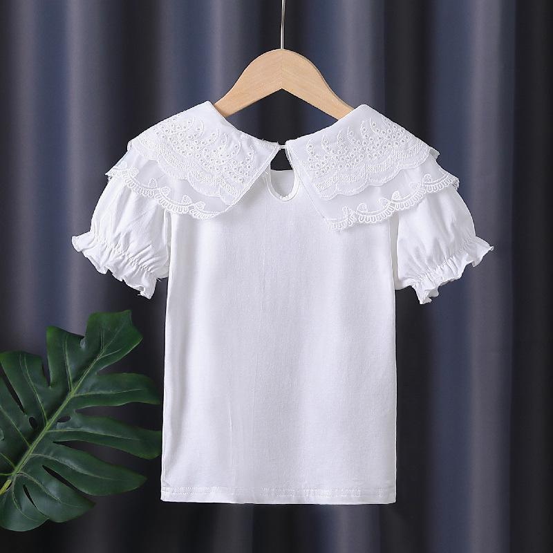 Премиальная хлопковая футболка с белым кружевным воротником для девочек - Летняя с коротким рукавом для детей