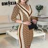 Women's Fashion Geometric Pattern Wrap Hip 3/4 Sleeves Dresses
