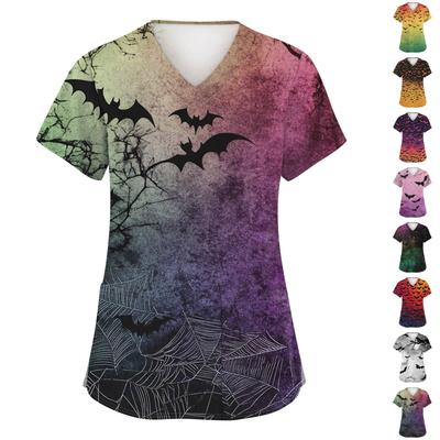 Женская модная рабочая униформа с V-образным вырезом и короткими рукавами, с карманами, топ с принтом на Хэллоуин