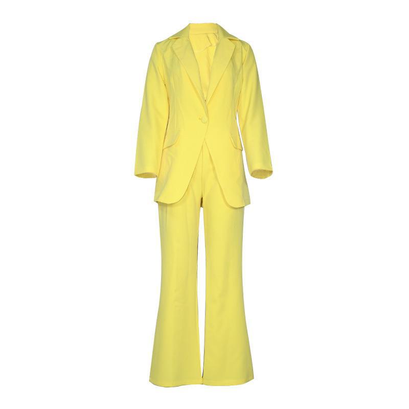 Новые женские элегантные однотонные брюки с высокой талией и офисный пиджак с длинными рукавами, комплекты из 2 предметов