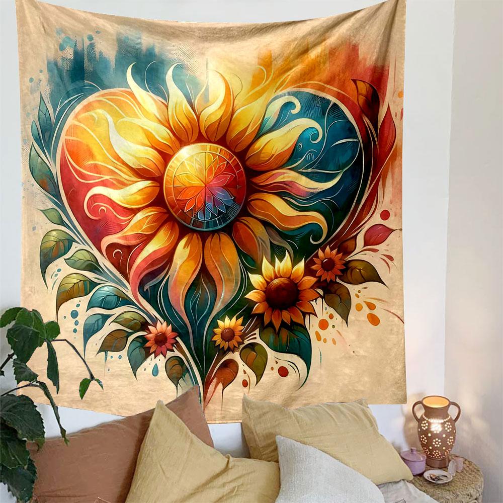 Colorful Sunflower Heart Tapestry Design Patterned Tapestry Decorative Wall Hanging, Home Bedroom Living Room Decor