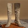 Модные осенне-зимние сапоги выше колена с длинным рукавом в стиле ретро, женские новые замшевые сапоги на высоком каблуке, остроносые сапоги на тонком каблуке