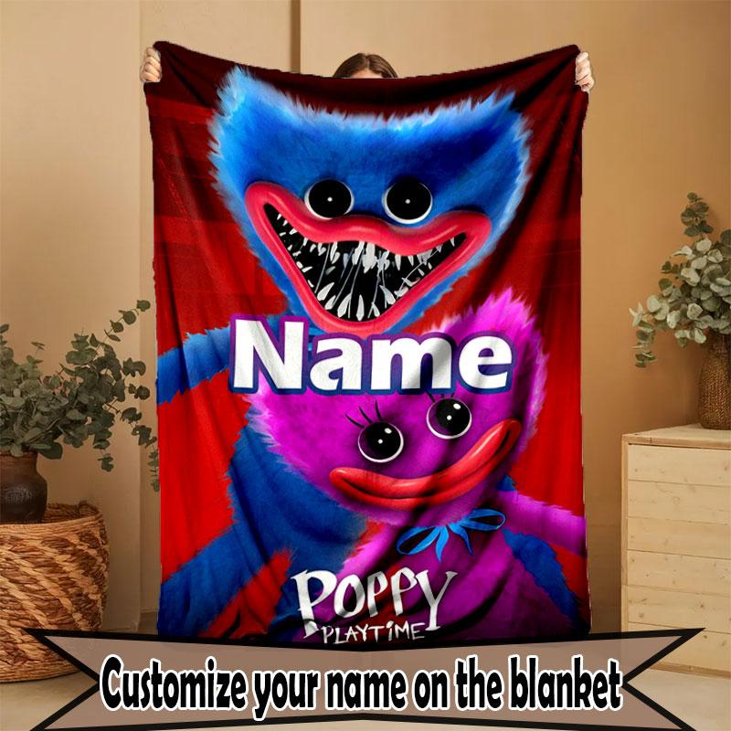 Custom Name Personalized Huggy Wuggy Print Blanket, Home Decor, Bedroom, Sofa, Camping, Couch, Gifts for Birthday Christmas