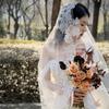 Свадебная кружевная фата с вышивкой цветами, длинный шлейф, иллюзион, свадебный головной убор, женская