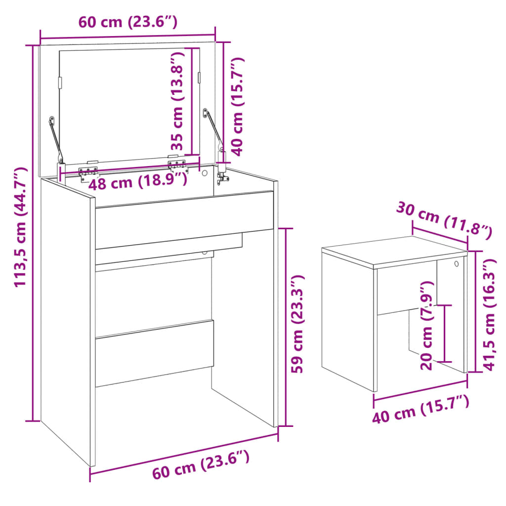 Makeup Table with Stool White 60 x 40 x 113.5 cm