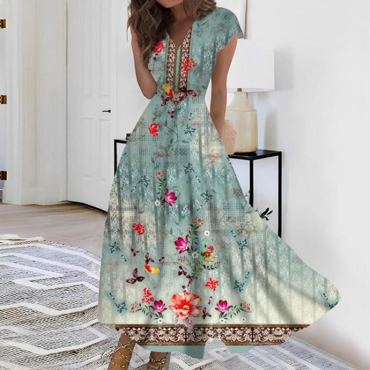 Женское повседневное платье макси, длинное шифоновое платье с расклешенной юбкой, однотонное, с V-образным вырезом, с оборками, с коротким рукавом, зрелое, для улицы, для повседневной носки, для свиданий