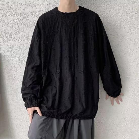 Мужская футболка с круглым вырезом, длинным рукавом, рваными отверстиями, однотонный джемпер, топы в уличном стиле, базовый слой, уличные топы