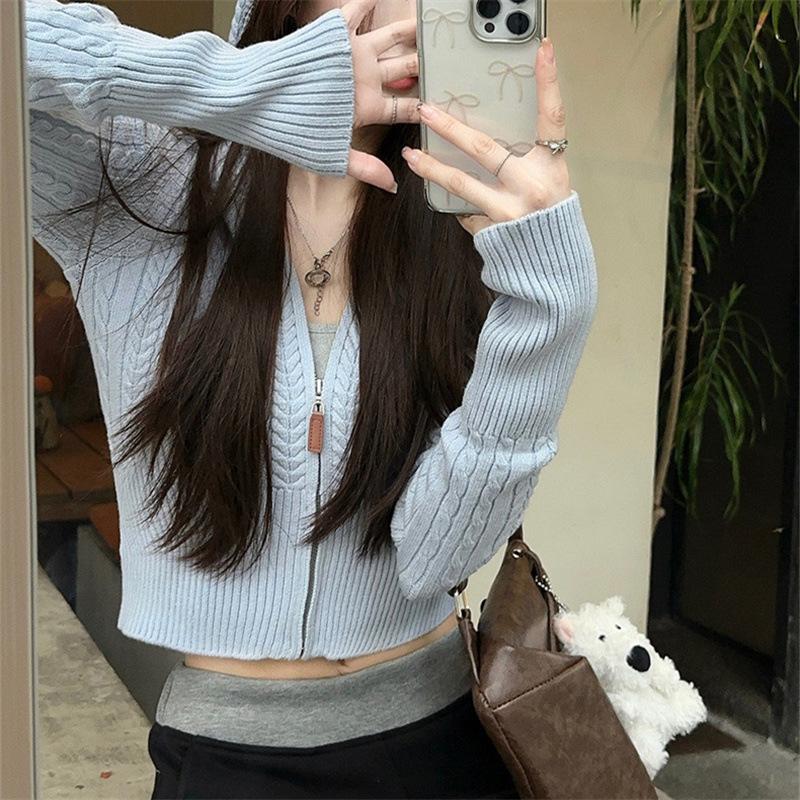 Осенне-зимний вязаный кардиган с капюшоном на молнии-скрутке, женский, нежный ветер, милая сестра, тонкий вязаный кардиган-топ