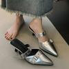 Fashion Belt Metal Buckle High Heels Women's Sandals Summer 2025 Pointed Silver Party Shoes Fashion Women's Slippers Mulers