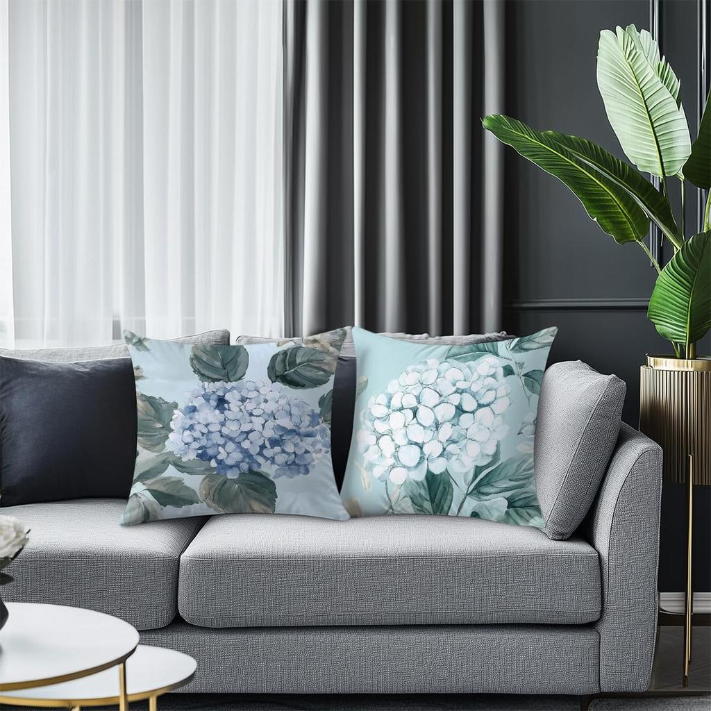 2 Pack Light Blue Hydrangea Pillow Covers Double Sided Print Watercolor Floral Cushion Cases Home Decor For Sofa Bedroom