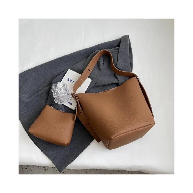 (Brown) 2pcs/set Retro Small Solid Color Leather Shoulder Bags for Women 2026 Designer Korean Fashion Female Handbags Underarm Bag Purse