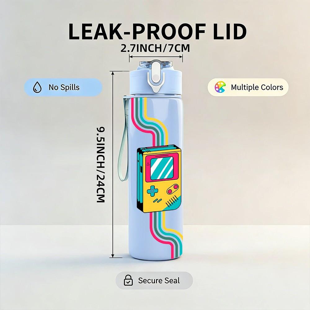 1PC Retro Cassette Tape Neon Colorful Art 750ml Color Plastic Sports Water Bottle Leakproof Flip Straw Lid Suitable for Sports Office Home Use