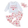 Toddler Girls 3PCS Fall Sets Long Sleeve O Neck Letter Heart Print Tops Flared Pants Headband Set