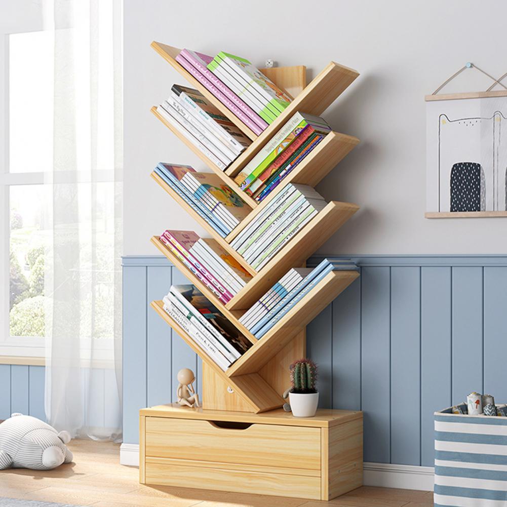 Modern Book Shelf Floor Standing BookShelf with Drawer Book Storage 8-Tier Wooden Tree Bookshelf Tree Bookcase Living Room Decor
