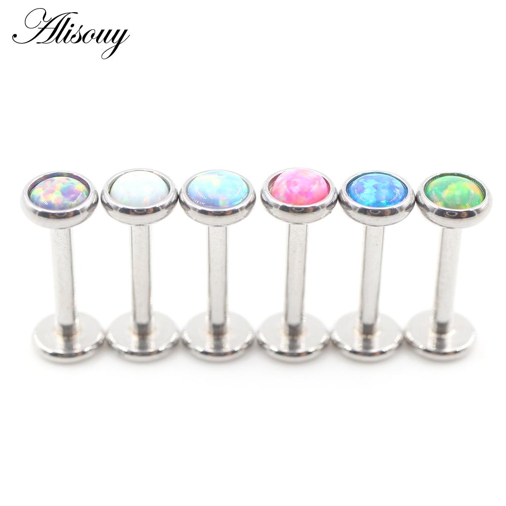 Alisouy 1PC Stainless Steel Opal Stone Labret Lip Tongue Rings Ear Tragus Helix Cartilage Stud Earrings Piercing Body Jewelry