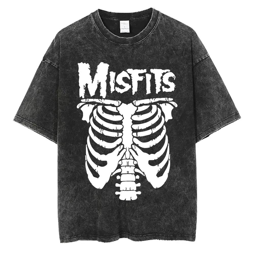 Стирка Винтаж Хардкор Панк Группа Misfits Футболка Ужас Скелет Графическая Футболка Мужская Женская Мода Повседневная Оверсайз Футболки