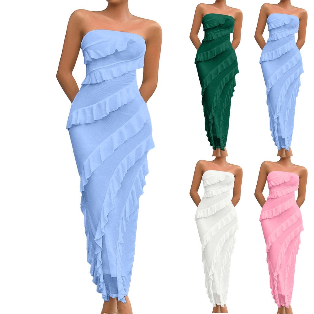 Women's Loose Solid Color Bag Buttocks Solid Color Slim Fit Strapless Dress Fit Strapless Dress